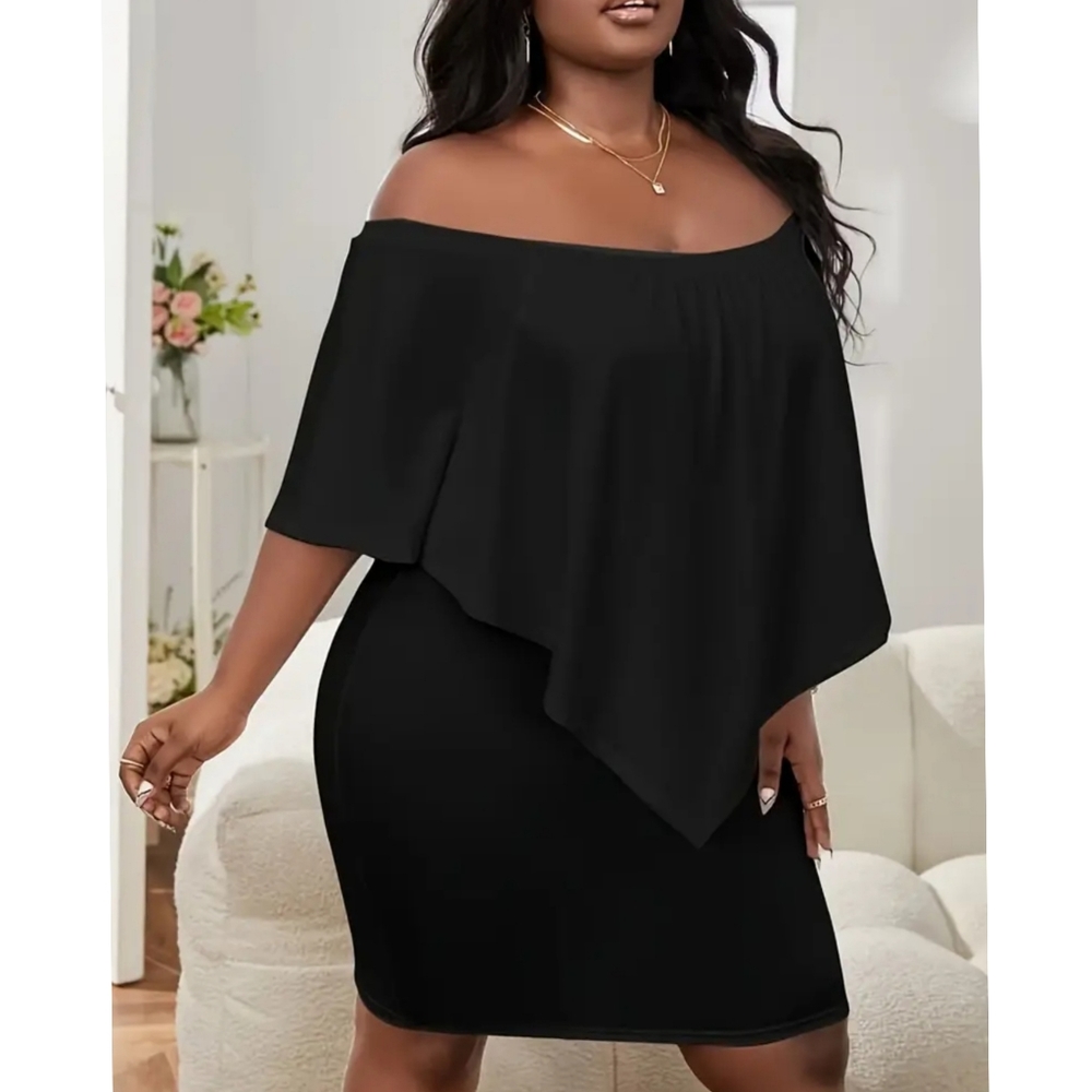 Black Off or On Shoulder Mini Dress | Layered Flowy Overlay Chic Date Night 2X